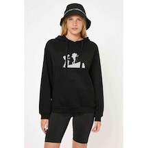 Silhouette Hiking Baskılı Siyah Kadın Kapşonlu Sweatshirt