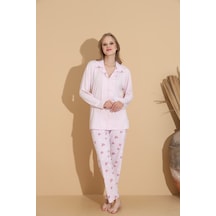 Lukitus Gömlek Yaka Düğmeli Milan Kumaş Uzun Kol Kadın Pijama Takımı Açık Pembe