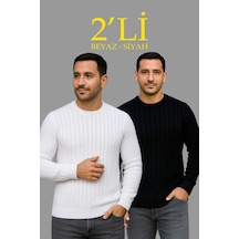 Erkek Fitilli Triko Kazak 2 Li Set Siyah Beyaz Kalın Dokuma Pamuklu Regular Fit Bisiklet Çok Renkli