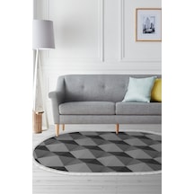Kaymaz Dijital Mutfak & Salon Halı Trend Saçaklı Oval Geometrik E5010 gri