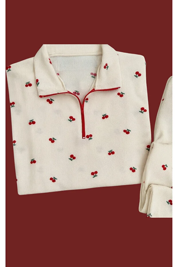 Mihra Kiraz Desen Li Pijama Takımı ekru
