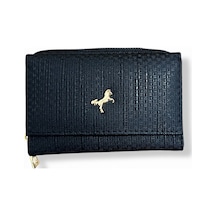 Me-vo Siyah Deri Kadın Cüzdanı, Altın At Detaylı, Çoklu Kart Bölmeli, Fermuarlı Siyah