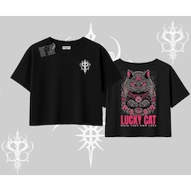 Tarzsokak Lucky Cat Japon Tarzı Kedi Baskılı Oversize Crop Tshirt Siyah