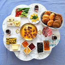 Arvenlive Mermer Desenli Ahşap Katlanabilir Papatya Yer Sofrası (467864187)