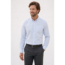 Tudors Erkek Slim Fit Dar Kesim Uzun Kollu %100 Pamuk Keten Efektli Düğmeli Yaka Rahat Mavi Gömlek-51115
