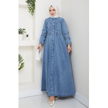 Hb Harma Time Butik Kadın Belden Lastikli Cep Detaylı Kot Mavi Elbise