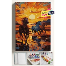 Sayılarla Boyama Seti Numaralı Tuval Fırça Boya Dahil Kasnaklı Set 50x70 Cm - Koşan Atlar