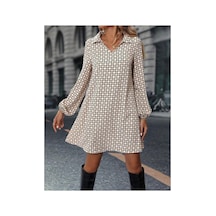 Butik İstanbul Kadın Uzun Kollu Yakalı Desenli Mini Modal Elbise Bej