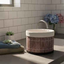 Yuvarlak Bambu Düzenleyici Ve Saklama Sepeti Çok Amaçlı Banyo, Makyaj Ve Ofis Organizeri, Kumaş Astarlı Dekoratif Silindir Kutu 18x13 Cm, Gri 4 Renk