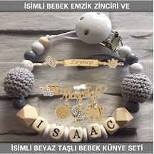 Sahi Aksesuar İsimli Bebek Emzik Zinciri Ve İsimli Bebek Künye Seti Bezyı705 Beyaz - Mavi