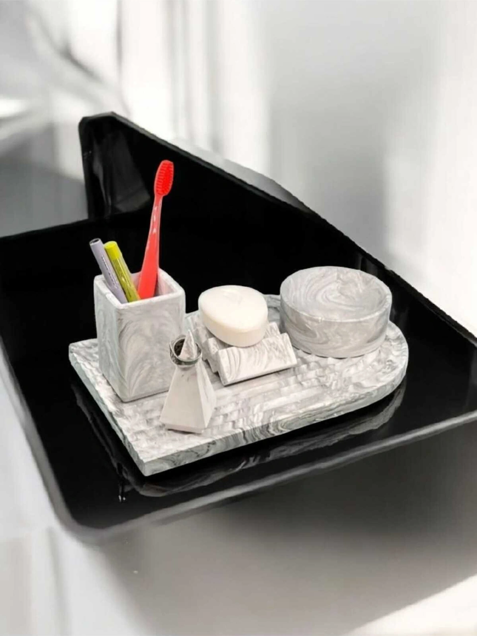 Archade Organizerli Beton Banyo Seti,banyo Seti,katı Sabunluk,diş Fırçalığı,tepsi,yüzüklük Gri