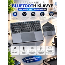 Alüminyum Şarjlı 64 Tuşlu Türkçe Q Klavye Deri Standlı Katlanabilir Bluetooth Dokunmatik Touchpad