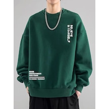 Erkek Believe Baskılı Oversize Bisiklet Yaka Sweatshirt Yeşil