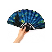 Yıldızlı Gece Desenli Katlanabilir El Yelpazesi Japon Stil El Fanı Hafif Taşınabilir Yazlık Serinletici Dekoratif Yelpaze 47x26 Cm