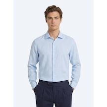 Kip Mavi Regular Fit Uzun Dokuma Casual Pamuk Karışımlı Gömlek