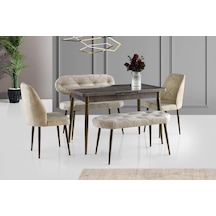 Ay Masa Ve Sandalye Bench Takımı, Krem Gold, 120x70 Gold