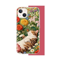 İphone 13-14 Uyumlu Nakışlı Kedi Uv Baskılı Silikon Kılıf Renkli