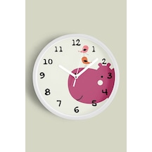 Sevimli Su Aygırı Ve Kuşlar Çizimli Çocuk Odası Duvar Saati - 35cm - Önü Camlı Beyaz Kasa Beyaz