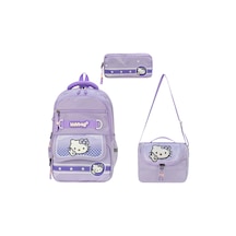 Hello Kitty Baskılı Ortopedik Su Geçirmez Ultra Lüx Okul Çantası Termal Beslenme Ve Kalemlik Mor