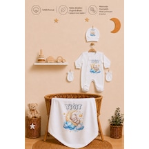 Pia Baby Erkek Bebek İsme Özel Tulum Seti 4 Parça %100 Pamuk Organik Baskılı Hastane Çıkışı Battaniyeli Set 1113bt3x Krem