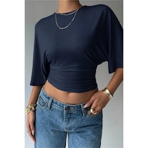 Cool Tarz Kadın Lacivert Crop Bluz Yarım Kol Salaş Fit Yüksek Bel Büzgülü Basic Tişört Lacivert Lacivert