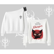 Gotik Kedi Arka Baskılı Kayık Yaka Sweatshirt Beyaz
