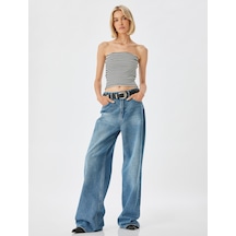 Koton Straplez Crop Üst Ribanalı Slim Fit Siyah Çizgili 4sak10968ek