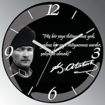 Atatürk Çalışkan Olmak Bombeli Gerçek Cam Sessiz Duvar Saati Siyah
