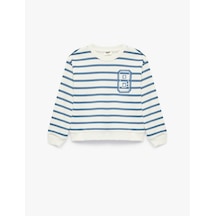 Koton Uzun Kollu Bisiklet Yaka Baskı Detaylı Çizgili Sweatshirt Mavi Çizgili 7wkg10015ak