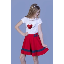 Toontoy Kız Çocuk Pul İşlemeli Kalp Nakışlı Etekli Takım Kırmızı