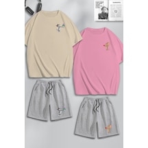 Unisex Kadın Erkek Çiçekli Tom Ve Jerry Baskılı Sevgili Çift Kombini Tasarım Oversize Tshirt Ve Şort Bej Pembe Gri Mck0434 Çok Renkli