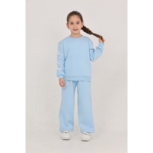 Erdem Kıds Kız Çocuk 3 İplik Şardonlu Kurdele Detaylı Basic Sweatshirt-bol Kesim Palazzo Eşofman Takım Bebe Mavisi Bebe Mavisi