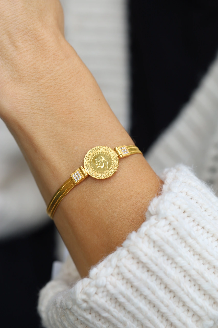 14 Ayar Altın Taş Ve Trabzon Hasır Detaylı 22 Ayar Çeyrekli Bileklik Blk34845