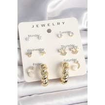 Pirinç Gold Renk Zirkon Taşlı Sarmal Halka Model 7'li Kadın Küpe Seti Çok Renkli