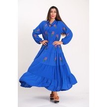 Kadın Saks Mavi Önü Ve Kolları Çiçek Nakışlı Eteği Kat Kat Uzun Elbise-saks Mavi