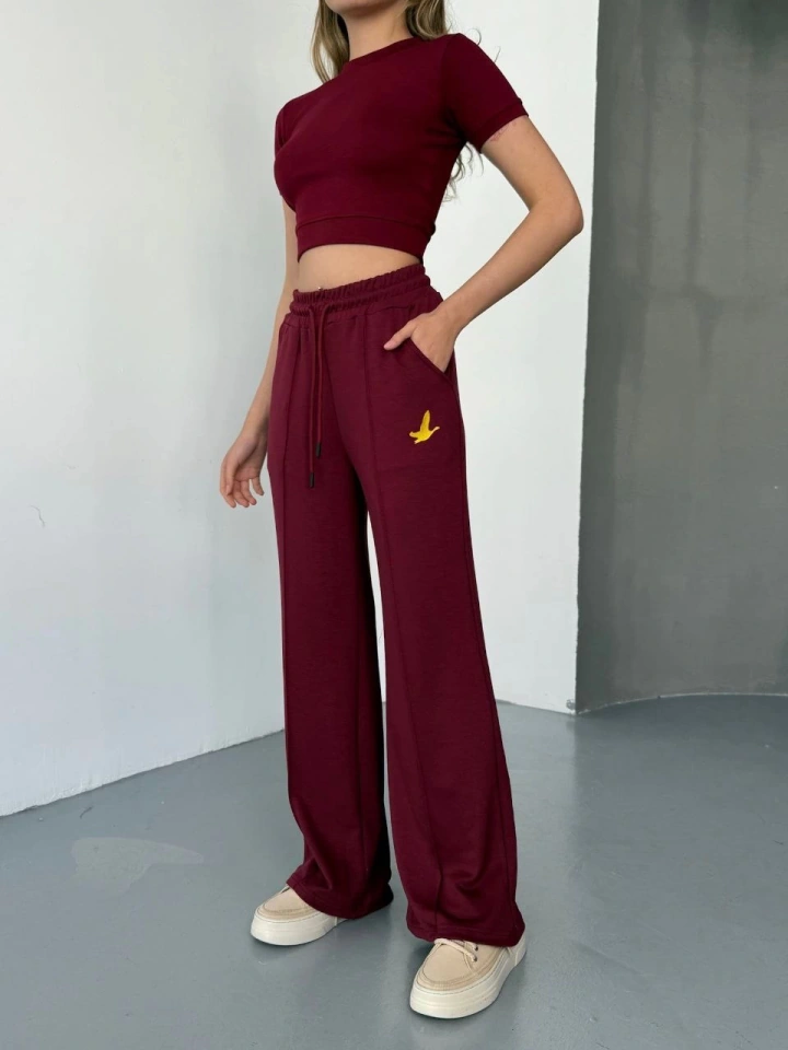 Balmior Osy Modal Yumuşak Dokulu Kumaş Nakış Işlemeli Rahat Bol Paça Eşofman Pantalon - Bordo Bordo