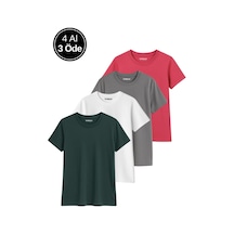 Kadın 4'lü Paket Antrasit-beyaz-gri-pembe Oversize Tişört %100 Pamuk Bisiklet Yaka T-shirt Çok Renkli