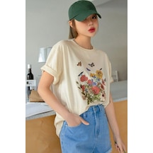 Unisex Pamuklu Butterfly Flowers Ön Baskılı Tasarım Tshirt Bej