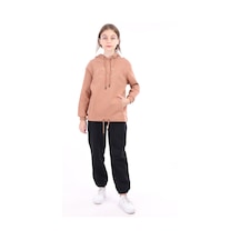 Kız Çocuk Oversize Kapüşonlu Cepli Düşük Omuz Baskılı Sweatshirt - Beli Ayarlanabilir & 3 İplik Şardonlu Kahverengi