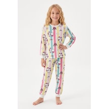 Bunny Hopp Kız Çocuk Uzun Kollu Pijama Takımı %100 Pamuk Renkli Çizgili Unicorn Ve Kedili Penye Çok Renkli