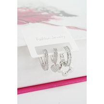 By Zeyna Aksesuar Kadın Vip Seri Baget Zirkon Taşlı 3'lü Küpe Seti-4144 Gümüş