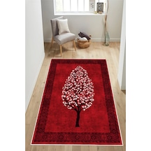 Sakura Desenli Kırmızı Baskılı Kaymaz Yıkanabilir Salon Oturma Odası Mutfak Balkon Halısı Yolluk