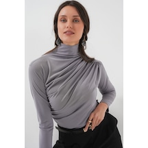 Hiccup Bdart Drape Detaylı Vücuda Oturan Dik Yaka Bluz Gri