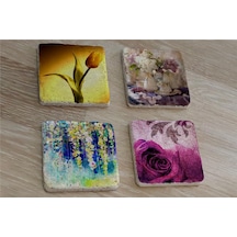 Lale Ve Çiçekler Doğal Taş Bardak Altlığı 4'lü Set - Natural Stone Coasters - Taş