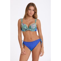 Argento Kadın Mavi Desenli Bağcıklı Slip Altlı, Double Push Up Kaplı Telli Bikini Takımı Mavi