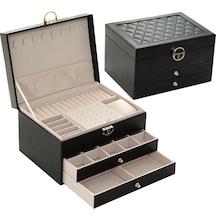 Relaxed Kilitli Üç Katmanlı Çok Fonksiyonlu Mücevher Kutusu Takı Saklama Kutusu -siyah