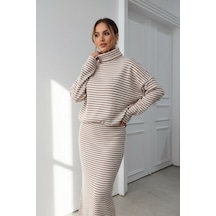 Newco Boğazlı Çizgili Oversize Etek & Sweat İkili Triko Takım Pembe