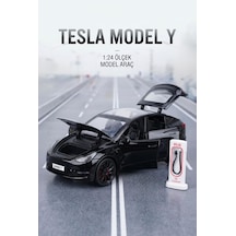 Tesla Model Y Model Şarj İstasyonlu Araç 1:24 Ölçek 6 Kapı Açılır Sesli, Işıklı Standlı Metal Araba