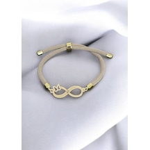 D Harfine Özel 14 Ayar Altın Plakalı Sonsuz Kelebek Motifli İpek Örgülü Hediye Bileklik-329harf-krem Altın