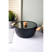 Cookwood Black İndüksiyon Tabanlı Ahşap Kulplu Kapaklı Seramik Derin Tencere 24 Cm Sıyah Siyah